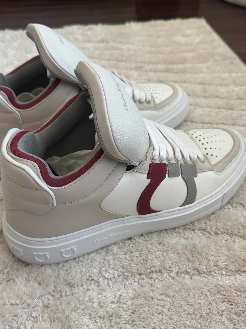 Salvatore Ferragamo White, Beige & Red Men's Sneakers